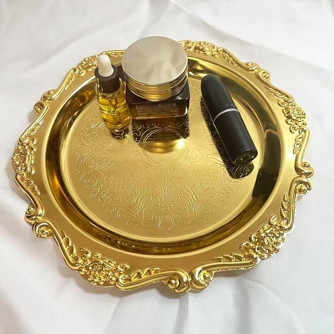 Tray Stainless Steel Decorative Trays Round Gold, Vintage Jewelry Perfume Storage Organizer with Embossed Rims, Small Display Tray Organizer for Dresser,Bedroom,Home Decor
