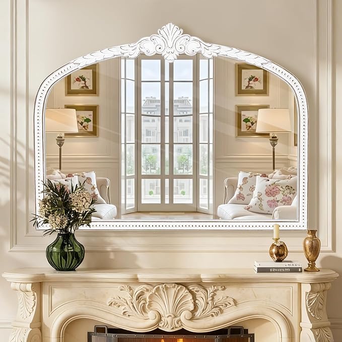 Farmhouse Wooden Wall Mirror - 32x42 Inches Antique White Baroque Wide Arched Decorative Mirror, Vintage Ornate Beaded Mirror for Living Room, Entryway, Mantel