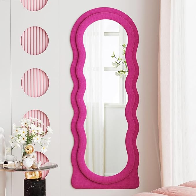 Dewfig Full Length Mirror, 63" x 24" Irregular Wavy Mirror, Large Floor Length Mirrors Wall Mounted, Standing Wavy Mirrors with Flannel Wrapped Wooden Frame for Bedroom/Living Room, Hot Pink