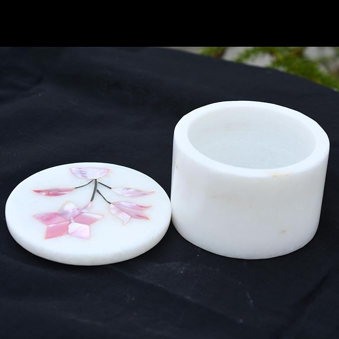 Marble Round Small Jewelry Box 2.5 Inch – Hand Carved Floral Design with Mother of Pearl Inlay – Alabaster Trinket Box, Makeup Organizer & Jewelry Holder – Decorative Gift for Women