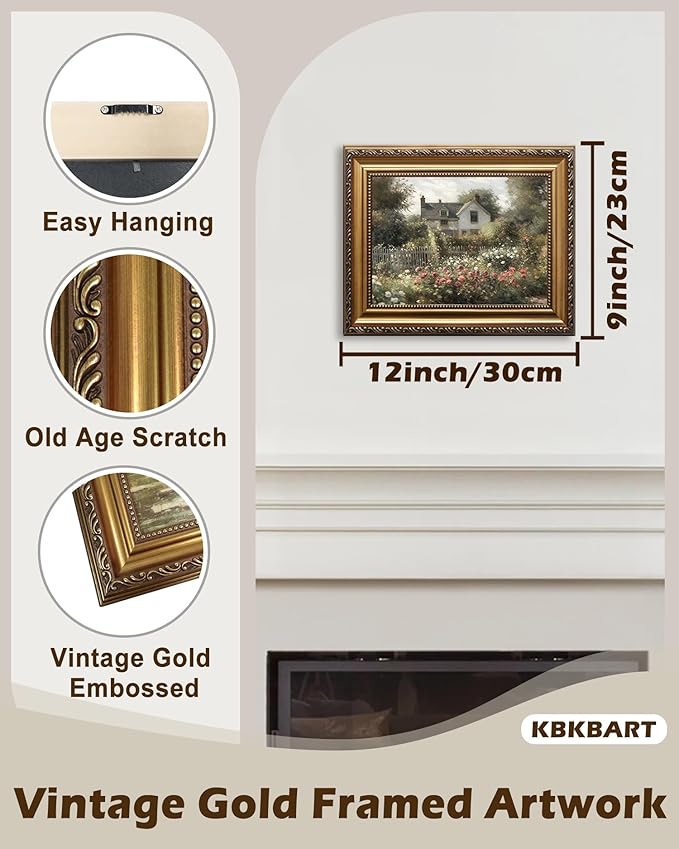 KBKBART Gold Framed Vintage Wall Art, Vintage Wildflower Countryside Canvas Oil Painting Farmhouse Wall Decor Art, Rustic Antique Landscape Spring Bathroom Decor for Bedroom Living Room, Gifts for Friends or Family(9"x12")