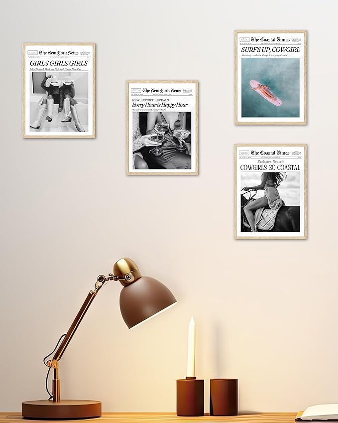 iHery Every Hour is Happy Hour Small Framed Trendy NewsPaper Wall Art, Natural OAK Wood 8x10in Canvas Wall Decor For Bedroom, Retro News Prints Posters for Girl Dorm Living Room Home 1Pack