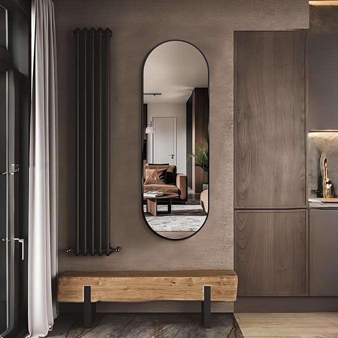 Oval Full Length Mirror, 55"×18" Wall-Mounted Mirror with Black Frame, Ultra-Clear Explosion-Proof Dressing Mirror, Simple and Classic Deco for Cloakroom/Bedroom/Living Room