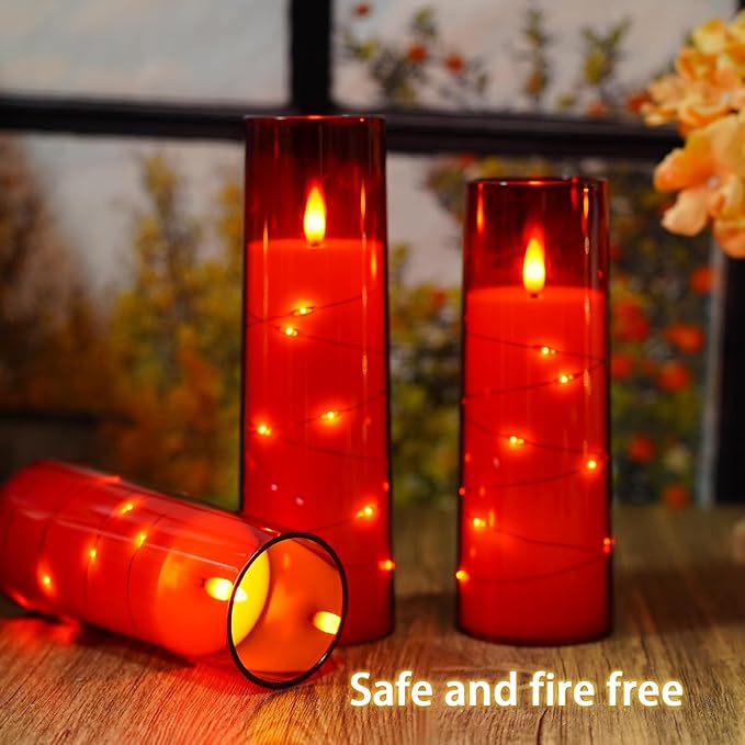 Nimiko Flickering Flameless LED Candles,Battery Operated Candles 9 Pcs with Embedded Star String,Acrylic LED Pillar Candles with Remote,Suitable for Home Decoration to Create an Atmosphere（Red）