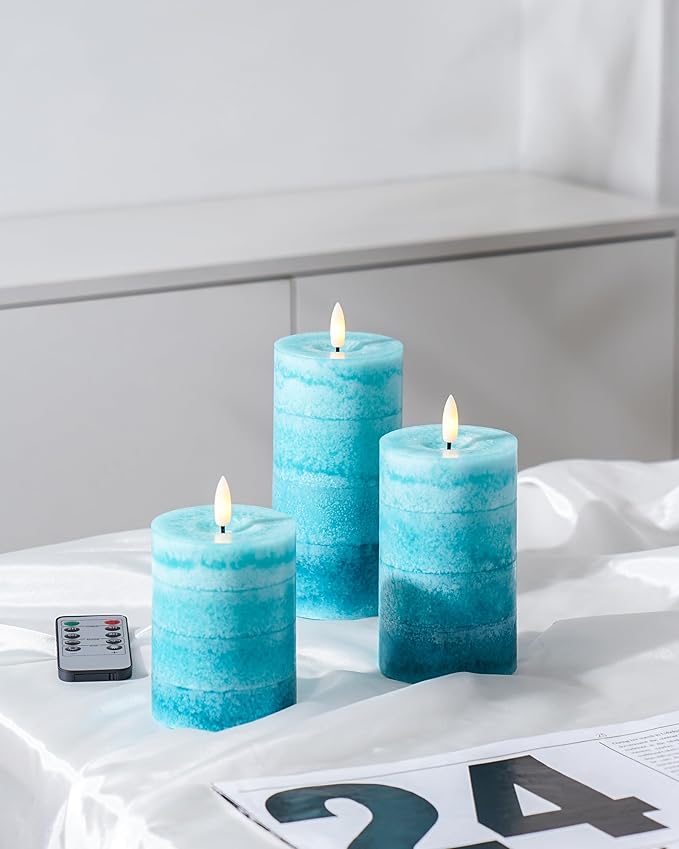 Stmarry Gradient Teal Flameless Candles with Remote and Timer, Real Wax Made LED Pillar Candles Battery Operated with 3D Flickering Flame - 3" x 4",5",6" - Set of 3 Turquoise Candles