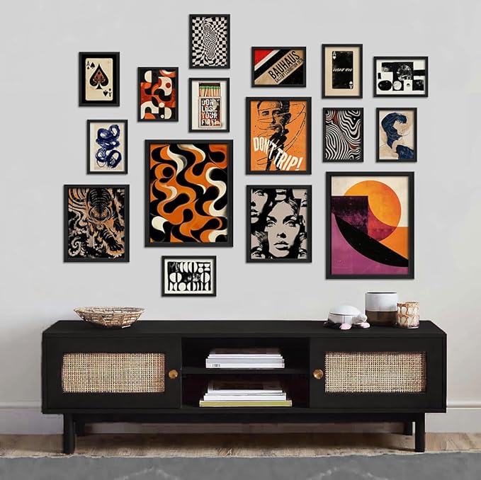 ANERZA 16 PCS Framed Retro 70s Wall Art Decor, Eclectic Vintage Wall Prints for Bedroom, Gallery Wall Frame Set, Abstract Posters for Living Room Aesthetic, Collage Kit, 60s 80s 90s Dorm Home Artwork