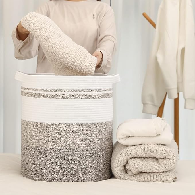 laundry hamper 18x18x20, 80L – large basket for blankets, toy basket,Cotton Rope Blanket Basket Living Room, Baby Laundry hamper for Blanket, Nursery, –stuffed animal storage(Triple grey)