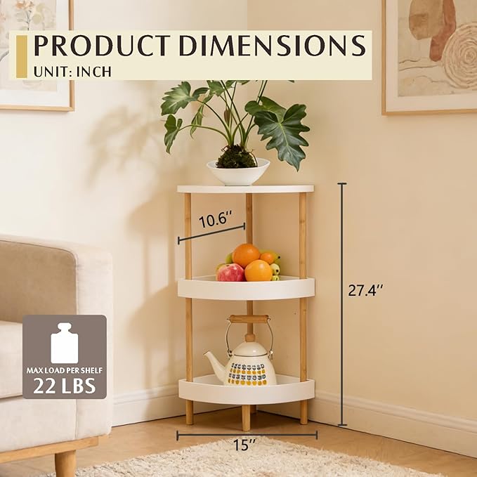 3-Tier Bamboo Corner Shelf - No Screws, Twist & Lock Assembly in 5 Mins, 5-Layer Lacquer Finish, Sturdy & Anti-Tip Design for Kitchen, Bathroom, Living Room, Easy to Clean