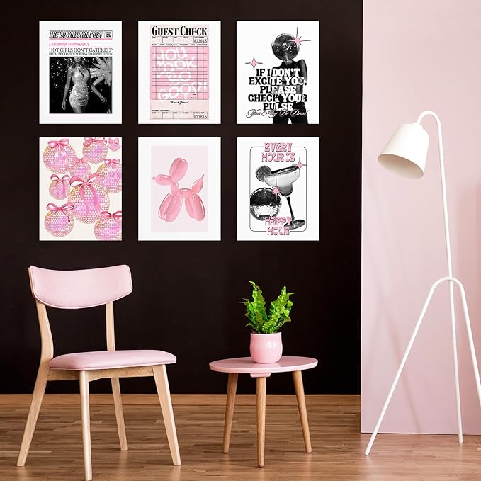 Habseligkeit Pink Fashion Wall Art Prints, Trendy Cute Wall Art Posters for Room Decor Aesthetic, Unique Room Decor for Girls Dorm, Unframed, 8x10in, Set of 6