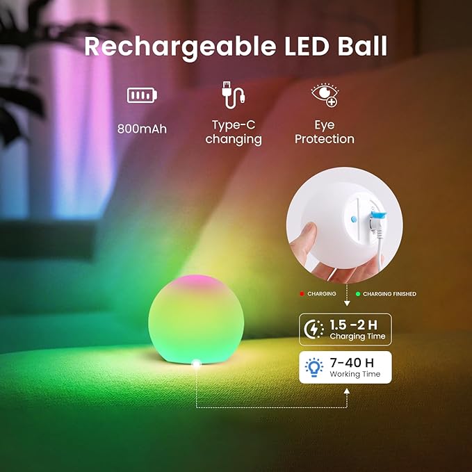 LOFTEK LED Ball Light, 3-inch Rechargeable Globe Lights, Color-Changing Ball Lamp with Remote, Waterproof Orb Light, Smart Sphere Night Light for Home Bedroom Pool Decor, Mood Light, Gift, 2 Pack