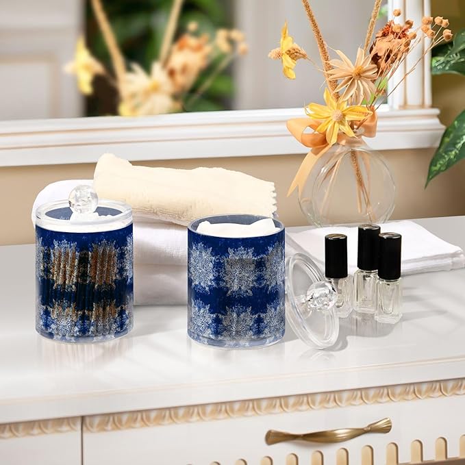 2 Pack Apothecary Jars Blue Snowflake Textile Design Bathroom Vanity Storage Organizer Set,Small Clear Plastic Storage Jars Bathroom Canister for Cotton Swabs, Rounds, Balls, Qtips,Makeup Spong