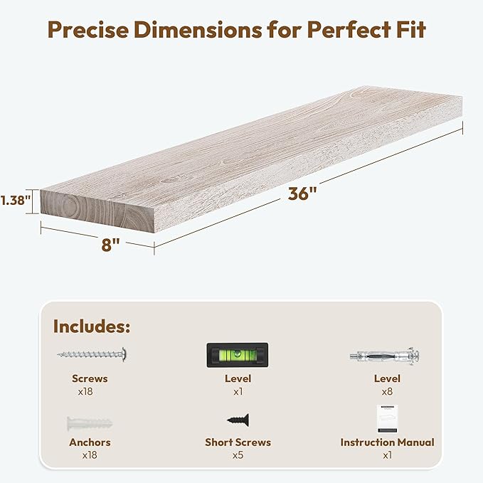 Vivelove Solid Wood Floating Shelves Set of 2, Elm Wood Wall Shelf with Invisible Bracket for Living Room Bedroom Bathroom Office, Rustic Farmhouse Display Shelf, 36 inch - Weathered White