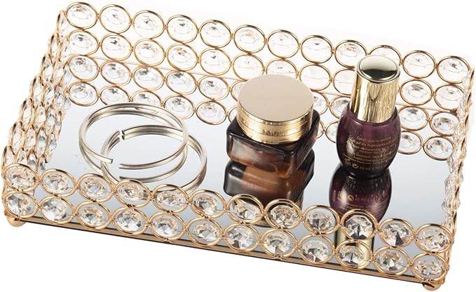Feyarl 10 Inch Crystal Cosmetic Perfume Tray Vanity Makeup Jewelry Trinket Organizer Mirrored Decorative Tray Storage for Coffee Table Home Deco Wedding Dresser Birthday Gift (Gold)