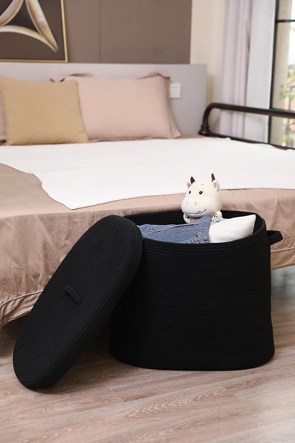 22"x14"x18" Rectangular Extra Large Storage Basket With Lid, Large Cotton Rope Storage Basket, Woven Laundry Hamper, Cloth Storage Bin, for Clothes Towels Blankets in Living Room, All Black