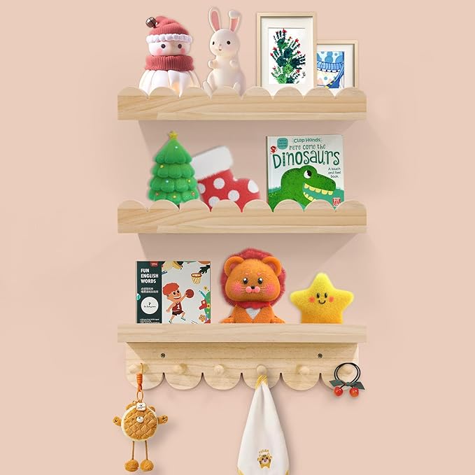 Floating Nursery Book Shelves for Wall, 16'' Wood Book Shelf for Baby Boys Girls Bedroom Bathroom and Décor Storage, Wall Shelf for Books, Plants, Toys, Photo Frames (Wooden, 3 Pack)