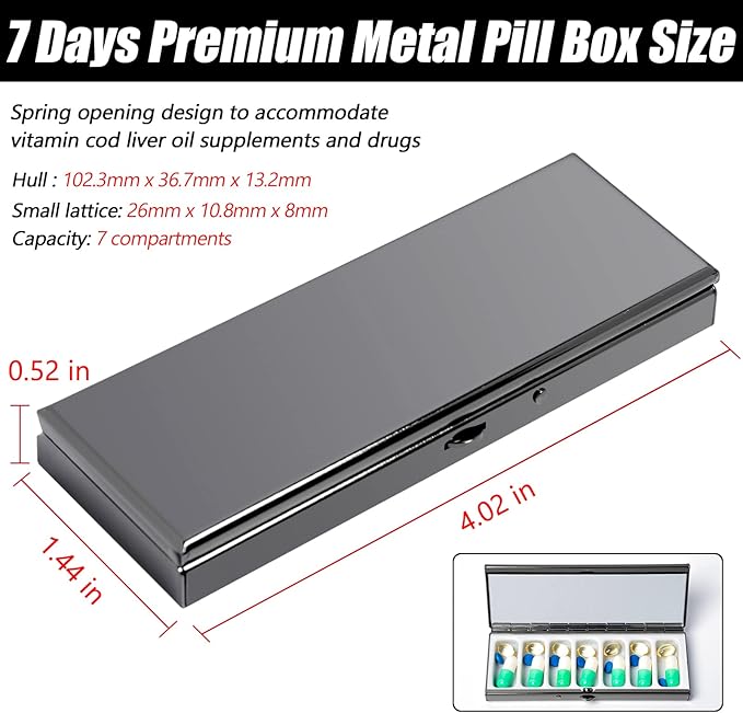 7 Day Pretty Mini Metal Pill Organizer Metal Manufacturing Inside The Makeup Mirror Sleek Look Easy to Carry Fashionable Texture Plating Gun Black More Exquisite (Gun Black)