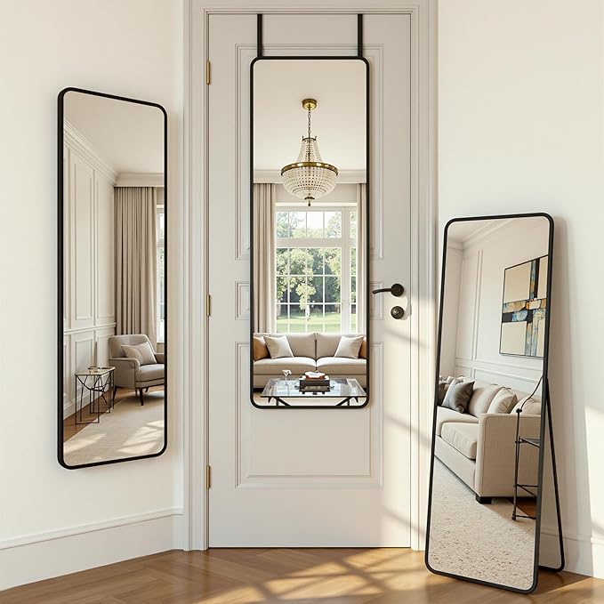 Antok 48''x 14'' Full Length Mirror Over Door, 4-in-1 Standing Leaning Wall Mounted, Adjustable Hanging Mirror for Bedroom Living Room, Black, Rounded Corner