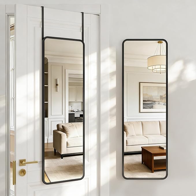 Antok 48''x 14'' Full Length Mirror Over Door, 4-in-1 Standing Leaning Wall Mounted, Adjustable Hanging Mirror for Bedroom Living Room, Black, Rounded Corner