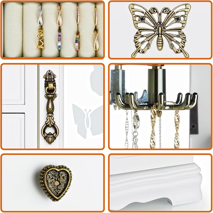 RR ROUND RICH DESIGN Solid Wooden Jewelry Box Makeup and Organizer Women Ring Storage with 4-Drawers Built-in Necklace Carousel and Mirror White