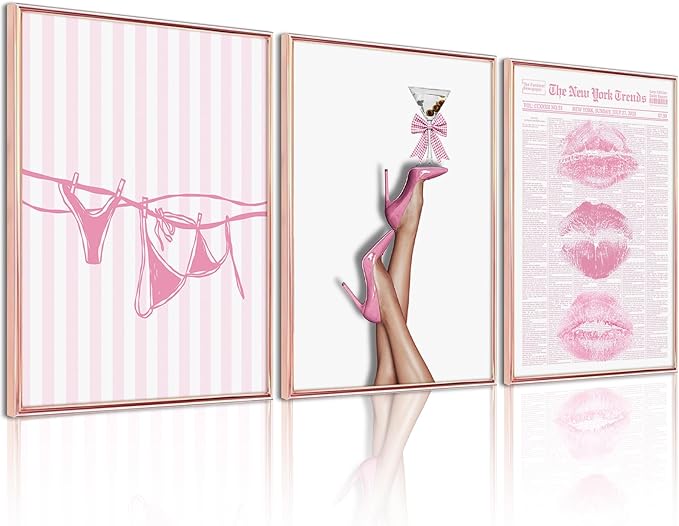Pink Coquette Wall Art Decor Trendy Aesthetic Posters Preppy Funky Y2k Canvas Wall Art Decor Bow Girly Room Pictures Coquette Bikini Lips Prints Pink Artwork for Dorm Bedroom 12x16x3 Inch Unframed