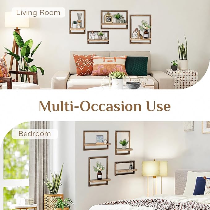 4-Piece Wood Wall Shelves for Bedroom Farmhouse - Rustic Floating Shelf Decorative Storage Shelving Wall Mounted Decor with Frame for Living Room