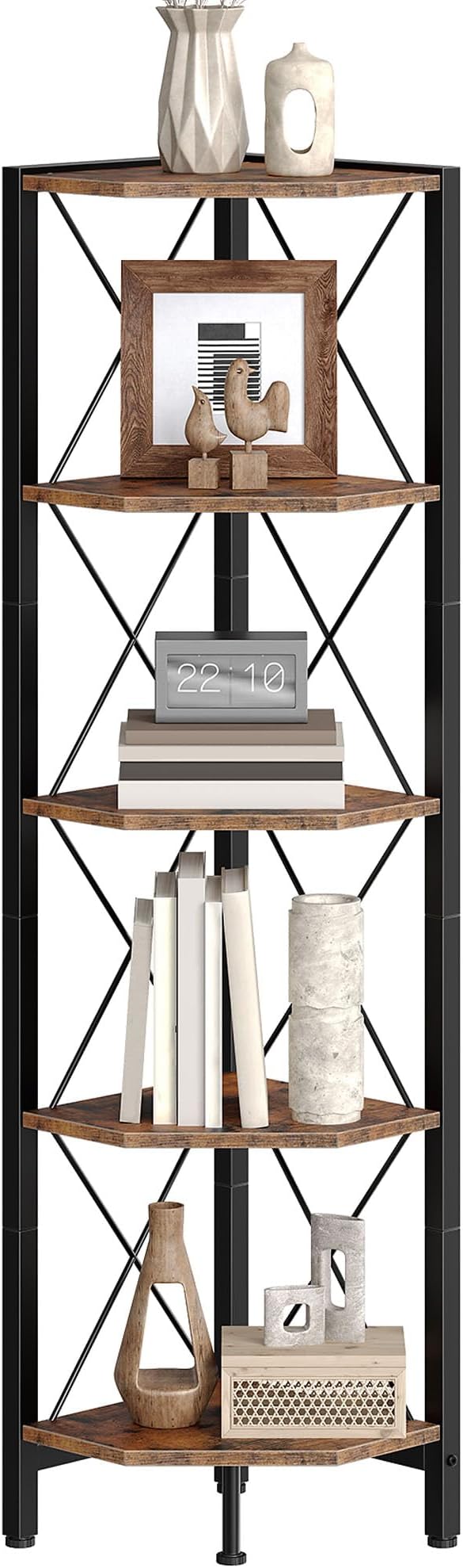 CHOEZON 5-Tier Corner Shelf, Corner Bookcase, 55.2" Tall Vertical Display Rack, Plant Stand, Open Storage Shelf, for Living Room, Bedroom, Study, Kitchen, Rustic Brown and Black TCJ12BF