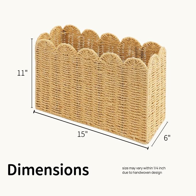 Paper Rope Magazine Holder for Floor, Wicker Magazine Basket, Tall Narrow Book Basket & File Holder for Books, Mail, Newspapers & Papers, Scalloped Storage Basket for Living Room, Office, Bedroom
