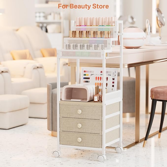 Makeup Organizer Storage Cart with Drawers, 13 Inch Large Rolling Skincare Organizer Cart, 3-Tier Vanity Organizer Stand for Cosmetics, Nail Polish, Perfume, Bathroom and Bedroom, White