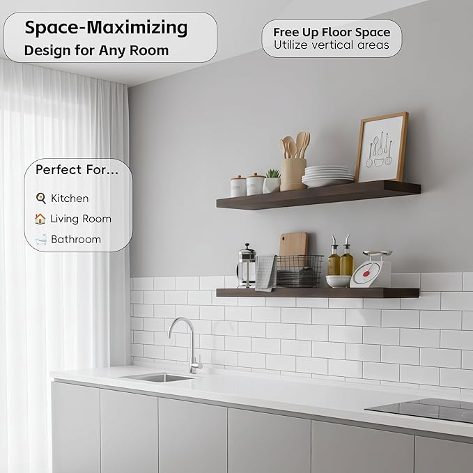 Lufia Floating Wall Shelves, Set of 2, MDF with Invisible Brackets, Modern Storage for Bedroom, Bathroom, Living Room, Kitchen (Rustic Brown, 28" W x 7" D x 1.5" H)