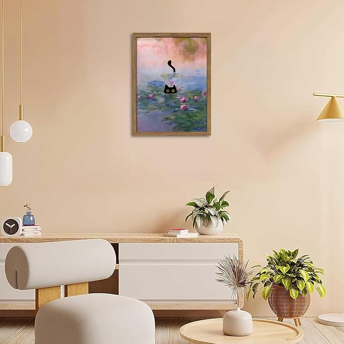 Vintage Framed Cat Canvas Wall Art Monet Print, Funny Black Cat in Water Lilies Poster, Monet Office Wall Decor, Floral Oil Painting Picture Artwork for Living Room Bathroom Aesthetic – 16x24 inch