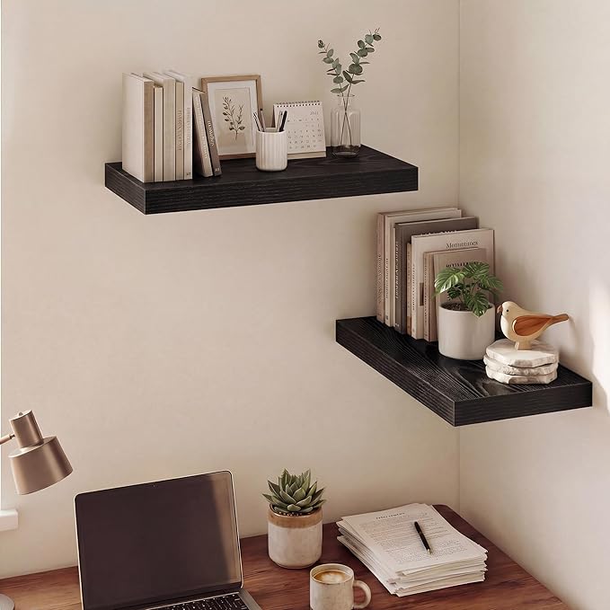 Dreamland 20 Inches Floating Shelves for Wall, 9.3" Deep Long Floating Shelves Set of 2, Large Display & Storage Shelf, Wall Shelf for Bathroom Bedroom Living Room Kitchen Office, Black