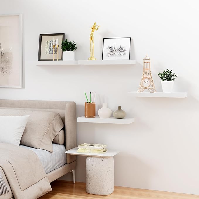 Bellsal White Engineered Wood Wall Shelf Set of 6, 16" Modern Floating Shelves for Kitchen, Living Room, Bedroom, Bathroom Storage, Book Shelf Home Decor