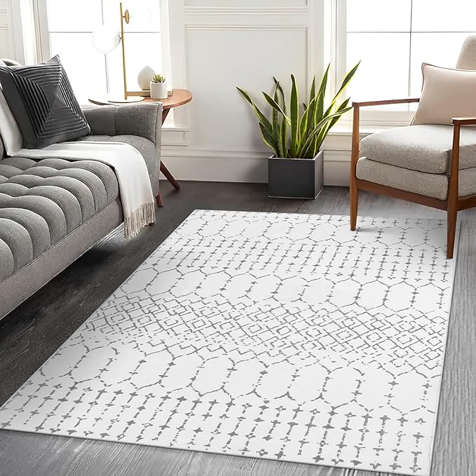 Lahome Moroccan Washable Living Room Rug 3x5 Area Rugs for Bedroom Throw Non-Slip Low-Pile Entryway Rug Bathroom Rugs Soft White Distressed Indoor Capet for Office Kitchen Laundry Dining Room Hana