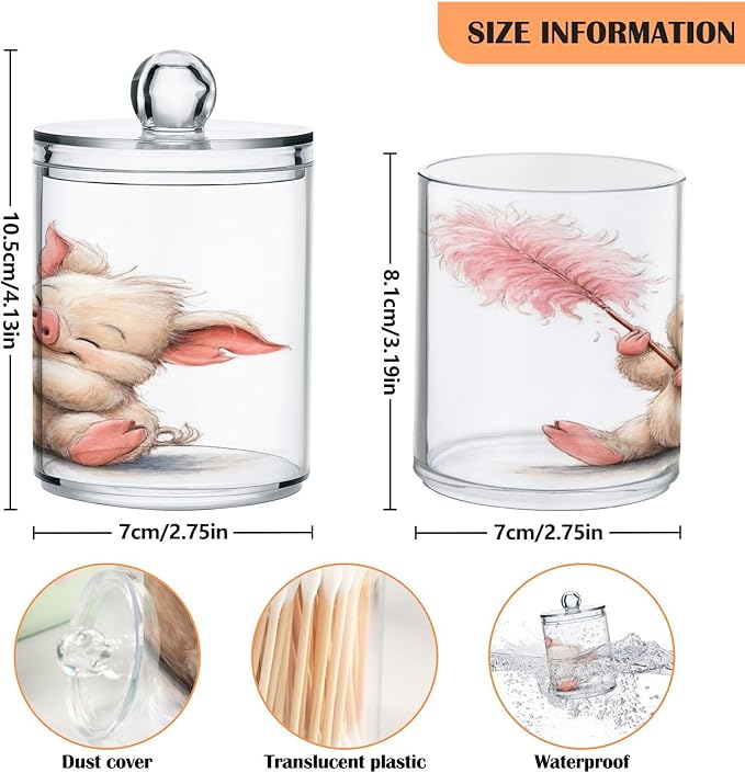 2 Pack Apothecary Jars,Cute Pig Sweet Bathroom Vanity Storage Organizer Set,Small Clear Plastic Storage Jars Bathroom Canister for Cotton Swabs,Rounds,Balls,Qtips,Makeup Sponges