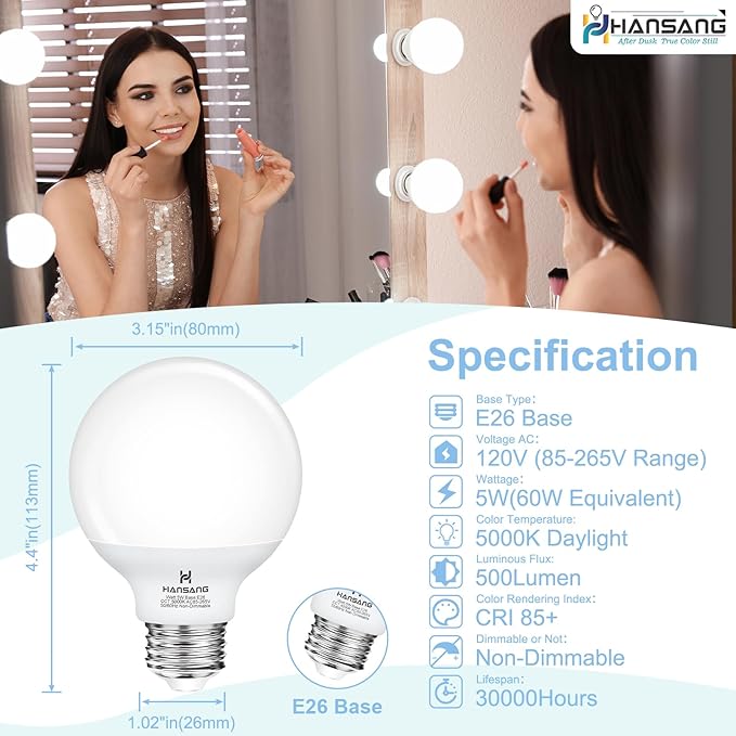 hansang Vanity Light Bulb 5000K Daylight 8 Pack G25 LED Globe Light Bulb for Bathroom Vanity Mirror Decorative,E26 Medium Base, 5W 60W Incandescent Equivalent,500LM,Non-dimmable