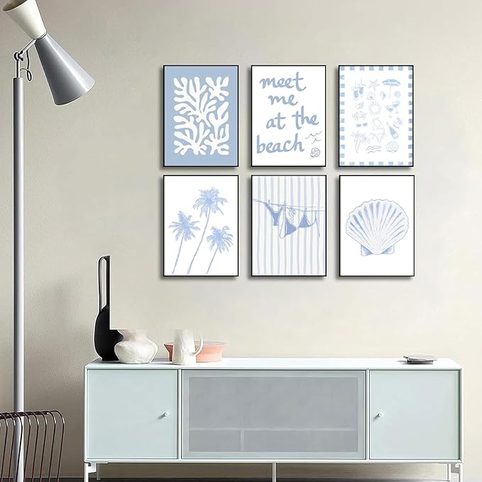 6Pcs Coastal Granddaughter Wall Art Prints Blue Beachy Shell Bikini Palm Tree Wall Decor Pictures Summer Meet Me At The Beach Preppy Aesthetic Posters for Girly Bedroom Dorm Apartment 12x16in