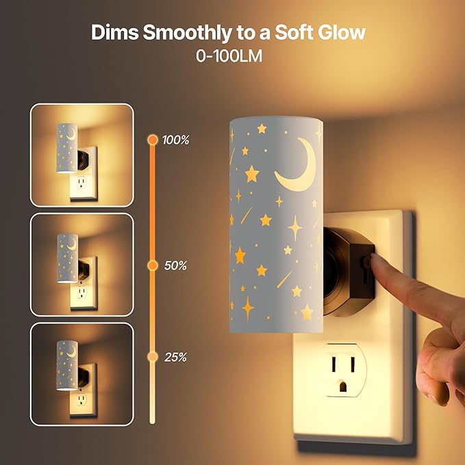 LED Night Lights Plug into Wall, 2-Pack 3000K Bright Plug in Nightlights, Dusk-to-Dawn Sensor, Dimmable 0-100LM, Auto-On/Off, Home Decor for Bedroom, Bathroom, Hallway, Kitchen, White Stars