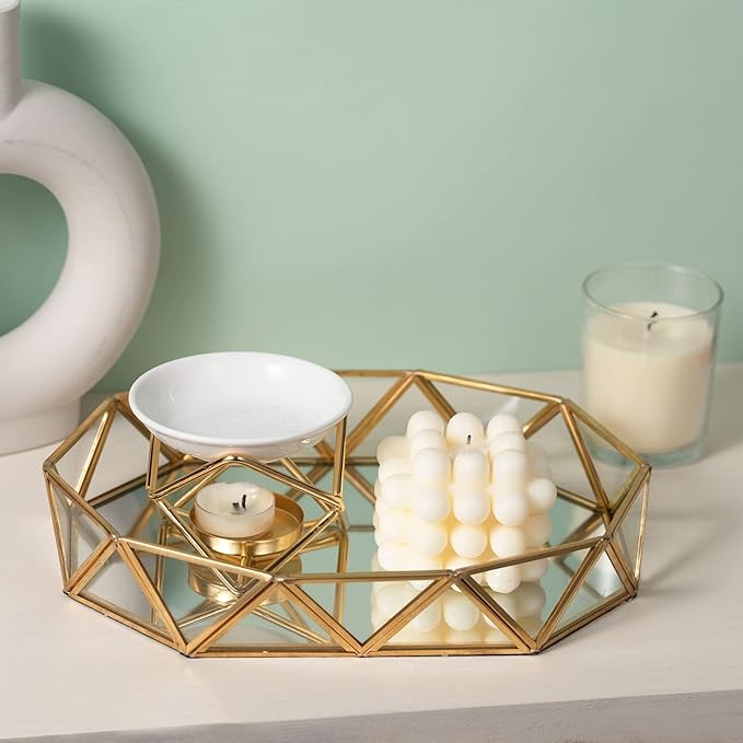 Feyarl Gold Glass Perfume Tray Mirror Vanity Jewelry Trinket Organizer Ornate Cosmetic Makeup Display Decorative Tray for Bathroom Home Decor Dresser Tabletop Countertop （11 x 8.26 x 1.96inch）
