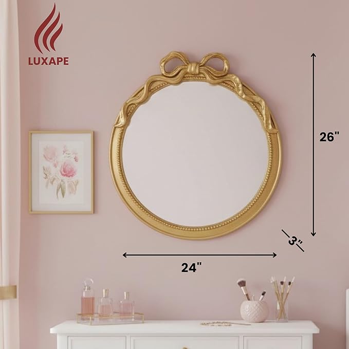 24-Inch Gold Bow Resin Mirror – Perfect Decorative Accent for Nursery and Elegant Baby Room Decor (Gold, 26x24in)