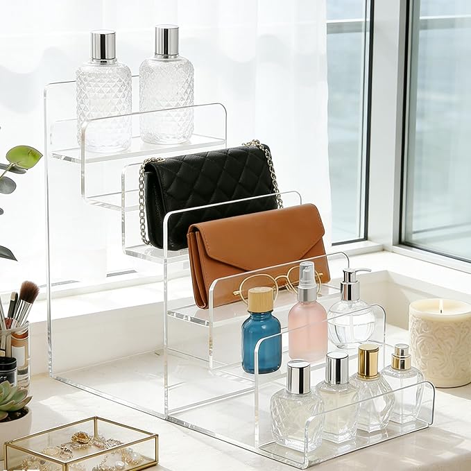 Acrylic Wallet Display Stand Purse Handbag Organizer, Clear Jewelry Riser Display Stand Purse Display Rack, Acrylic Display Shelf for Cosmetic Perfume Jewelry Sunglasses Handbag (2 PCS-6 Tier)