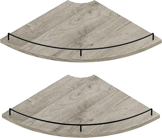 JJL Corner Shelf Wall Mounted, 12 Inches 2-Tier Floating Corner Shelf, Fan-Shaped Rustic Wood Decor with Fence, Gray Wood Grain Floating Shelves for Apartment Bedroom Kitchen Bathroom