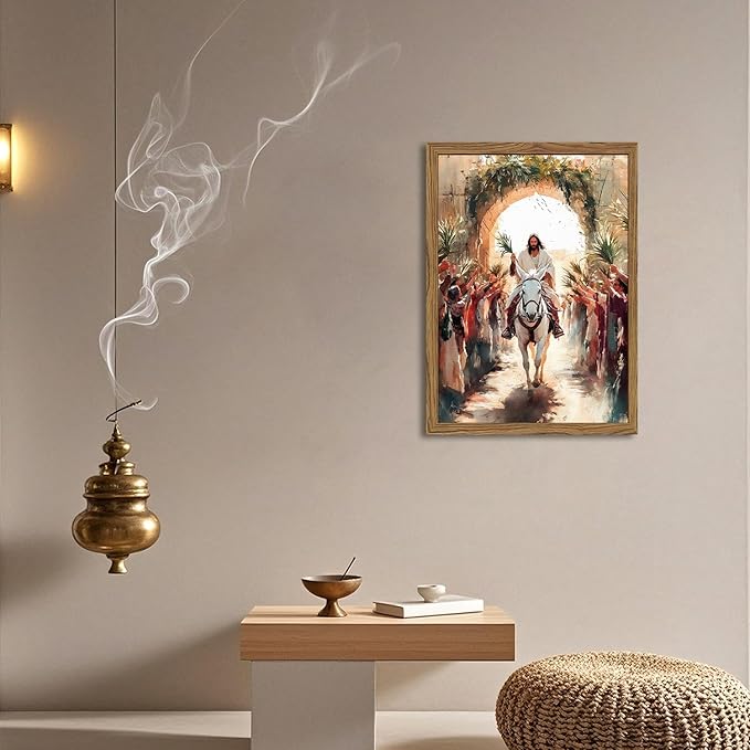 Jesus Triumph Wall Art Spiritual Jesus Palm Sunday Wall Decor Painting Christian Triumphal Religious Artwork 3D Textured Hand Drawn Sandstone for Bedroom Living Prayer Room 12x16 inch Wood Framed