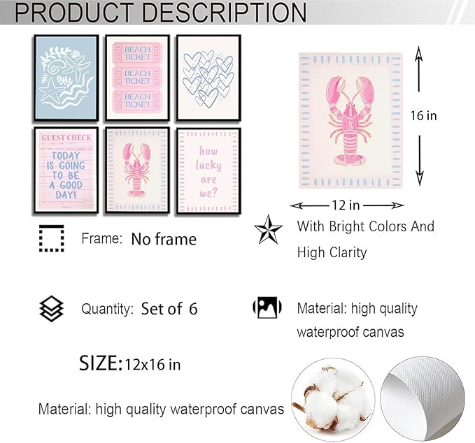 Zuowclli 6Pcs Coastal Granddaughter Wall Art Prints Pink Blue Beach Beach Preppy Wall Decor Pictures Summer Beachy Aesthetic Posters for Girly Bedroom Dorm Apartment Home Decoration Unframed 12x16in