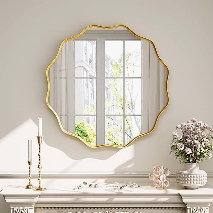Round Wavy Mirror - 30 Inch Bathroom Vanity Mirror Metal Frame Circle Wall Mounted Mirror for Bedroom Living Room Entryway, Gold