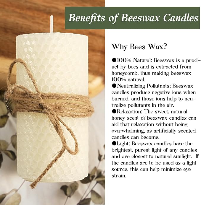 6 Packs White Beeswax Candles, Hand-Rolled Beeswax Pillar Candles, Smokeless & Unscented,Ivory Handmade Honeycomb Candle for Home Gift Ideas, Candle Lovers, Home Decor, 2" x 4"