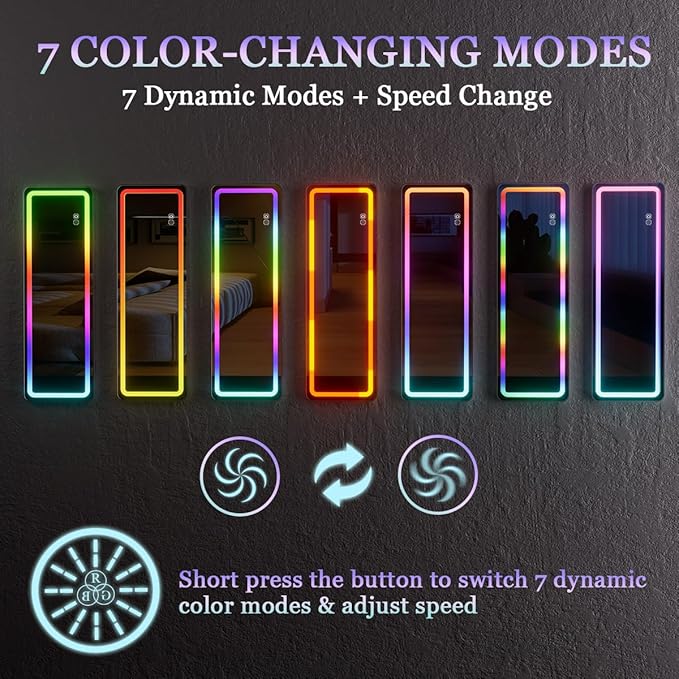 Koonmi Full Length Mirror with LED Lights, 60"x16" Lighted Mirror with Remote Control, RGB Color Changing Lights, 7 Dynamic Modes, Dimmable Brightness
