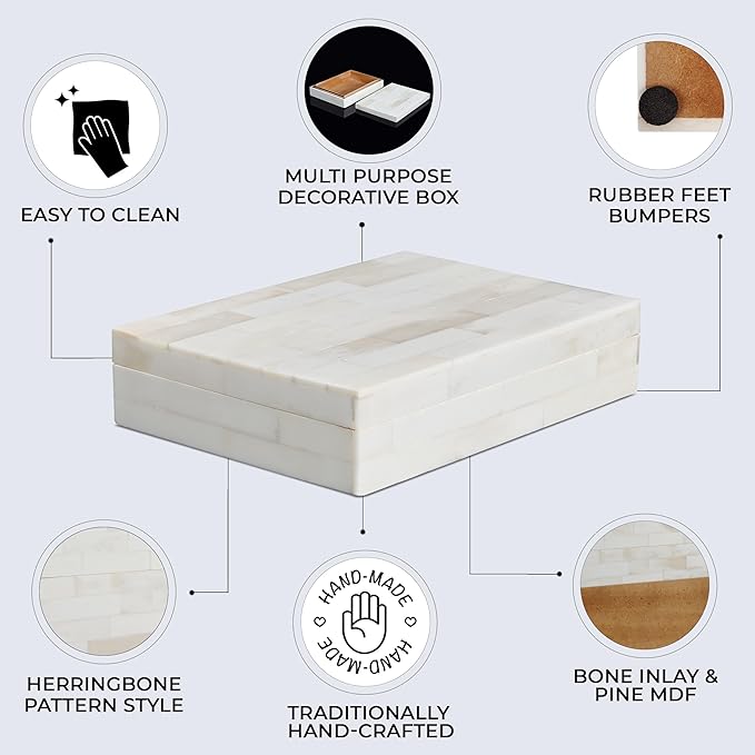 Handicrafts Home Small Decorative Box with Lid – 6x8x1.5” Trinket, Remote Control & Keepsake Memory Box, Decorative Accent for Coffee Table, Shelf, Mantle & Boho Home Decor- Classic Plain- White