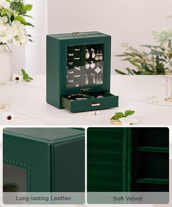 Homde Mothers Day Gifts Jewelry Organizer Girls Women Jewelry Box for Necklaces Rings Earrings Gift Bracelets Storage Case (Forest Green + Gold)