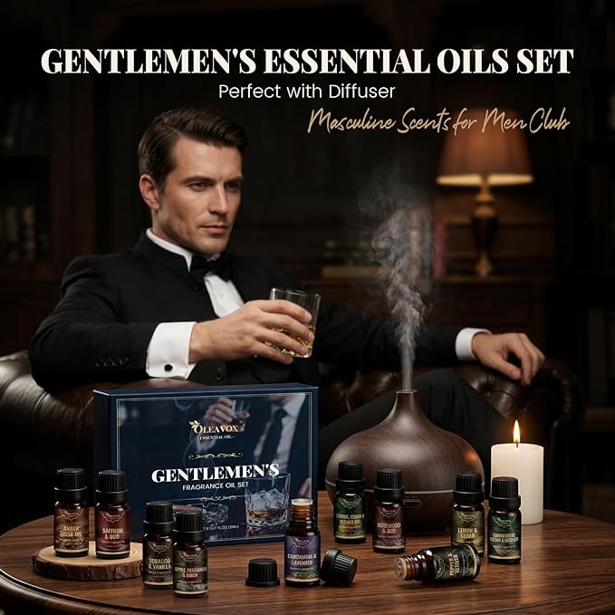 Men Essential Oils Set, Gift for Father, Masculine Fragrance Oils Blends for Diffuser, Candle & Soap Making, Car Diffuser Scents, Sandalwood Cedar&Leather, Tobacco&Vanilla More 10x5ml