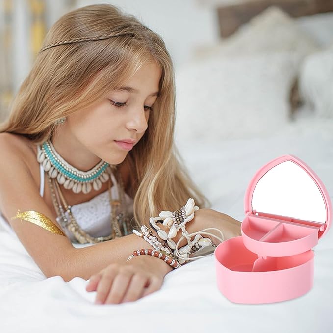 Operitacx Heart Shape Jewelry Box Double-layer Earrings Organizer with Makeup Mirror Pink Jewelry Storage Holder for Desktop Decorative Ring Case